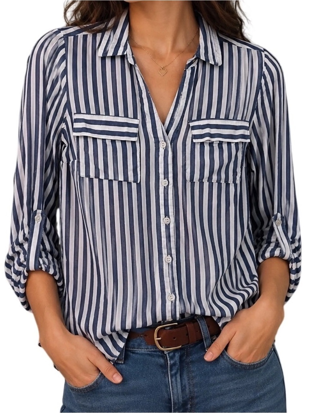 Alexander Jordan Navy and White Striped Button-Down Shirt